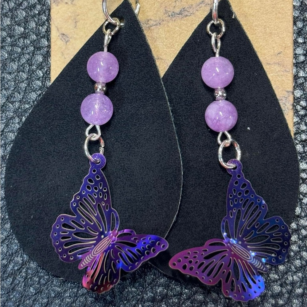 Black Teardrop Earrings with Multi Chrome Butterfly Charms